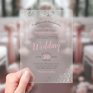 Invitaciones Acrílicas Elegante Boda de Caligrafía Plateada y Rosa con Vo