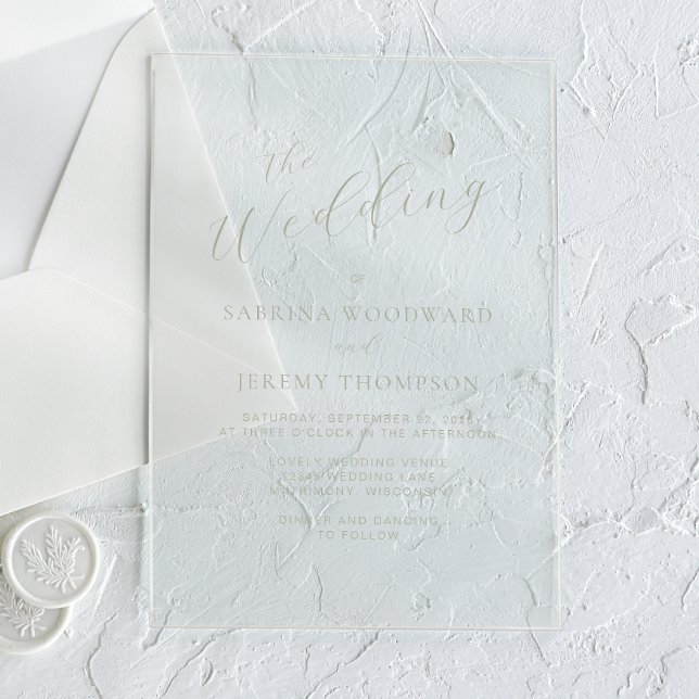 Invitaciones Acrílicas Elegante Boda de caligrafía verde sabio (Subido por el creador)