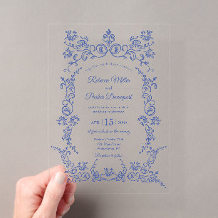 Invitaciones Acrílicas Elegante boda de chinoiserie azul y blanco