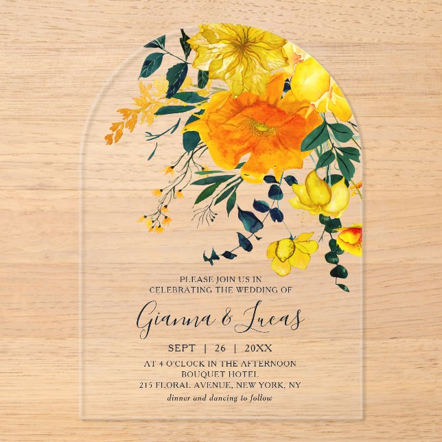 Invitaciones Acrílicas Elegante Boda de color amarillo acuático botánico  (Anverso)
