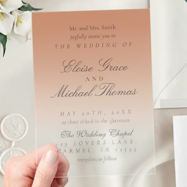 Invitaciones Acrílicas Elegante Boda de degradado de terracota de script (Invite guests to your big day with this Elegant Script Gradient Wedding Acrylic Invitation!)