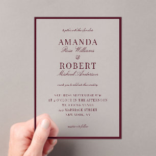 Invitaciones Acrílicas Elegante Boda de Dinero Antiguo Burgundy