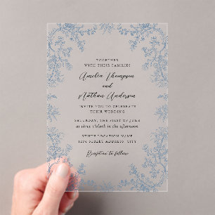 Invitaciones Acrílicas Elegante boda de encaje floral azul polvoriento