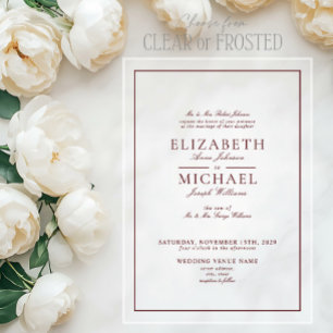 Invitaciones Acrílicas Elegante Boda de Escritura Clásica de Borgoña