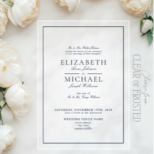 Invitaciones Acrílicas Elegante Boda de Escritura Clásica en Azul Marino