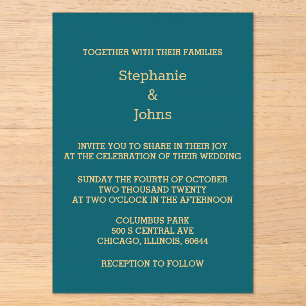 Invitaciones Acrílicas Elegante Boda de Escritura en Azul Verde Teal y Or