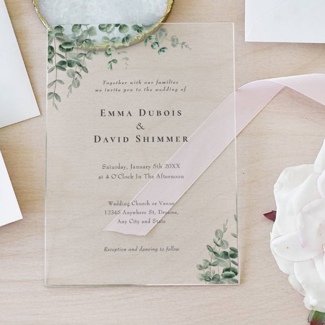 Invitaciones Acrílicas Elegante Boda de escritura simple y verde botánico (Subido por el creador)
