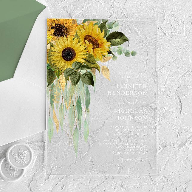 Invitaciones Acrílicas Elegante Boda de Eucalipto de Giro (Elegant Sunflower Eucalyptus Wedding Acrylic Invitations)