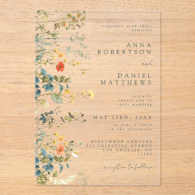 Invitaciones Acrílicas Elegante Boda de Flor Silvestre (Anverso)