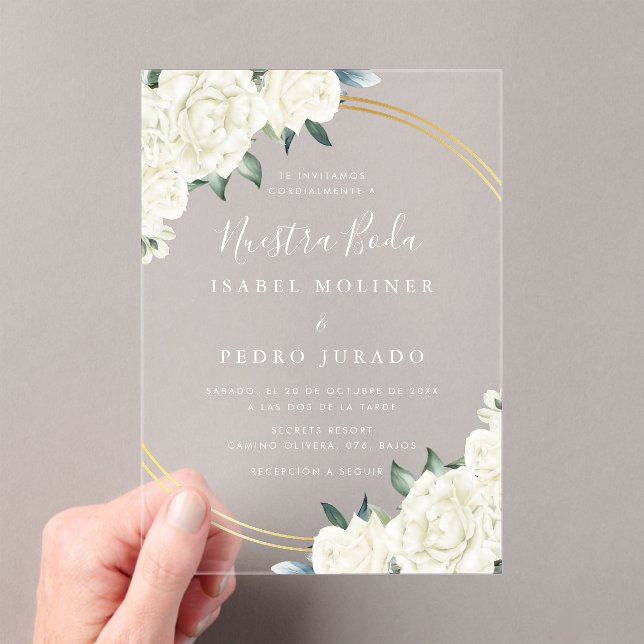 Invitaciones Acrílicas Elegante Boda de Floral de marfil de oro Nuestra B (Insitu (portátil))