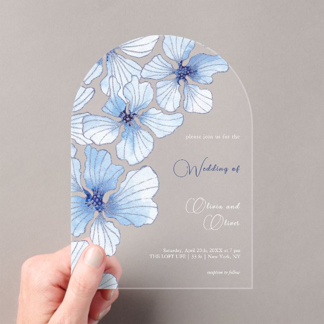 Invitaciones Acrílicas Elegante Boda de Flores Azules (Insitu (portátil))
