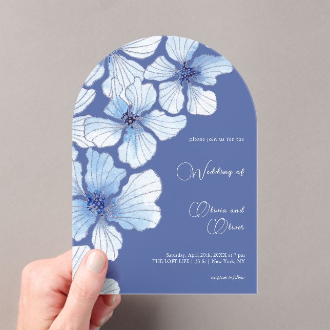 Invitaciones Acrílicas Elegante Boda de Flores Azules (Insitu (portátil))