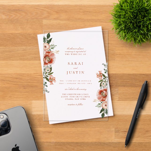 Invitaciones Acrílicas Elegante Boda de flores botánicas de otoño (Insitu (Tarjeta de Invitación))