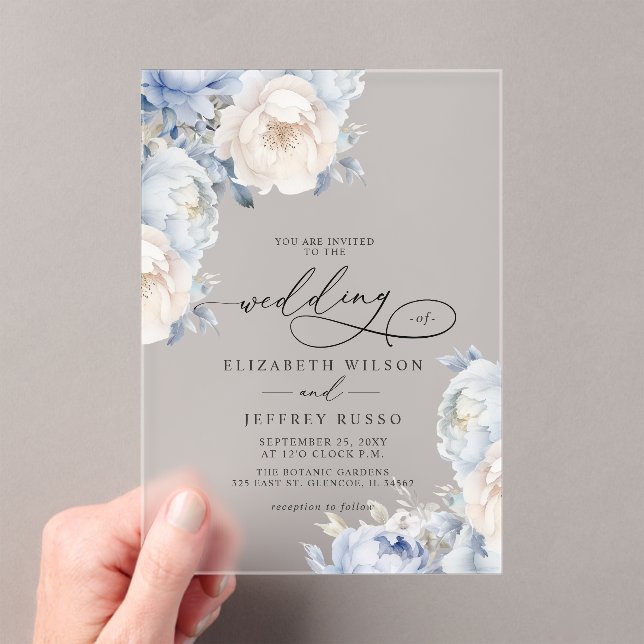 Invitaciones Acrílicas Elegante Boda de flores botánicas Rubor azul turbi (Insitu (portátil))