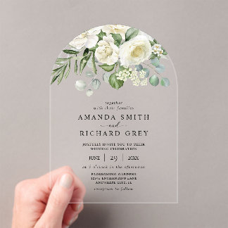 Invitaciones Acrílicas Elegante Boda de flores de marfil y vegetación Euc