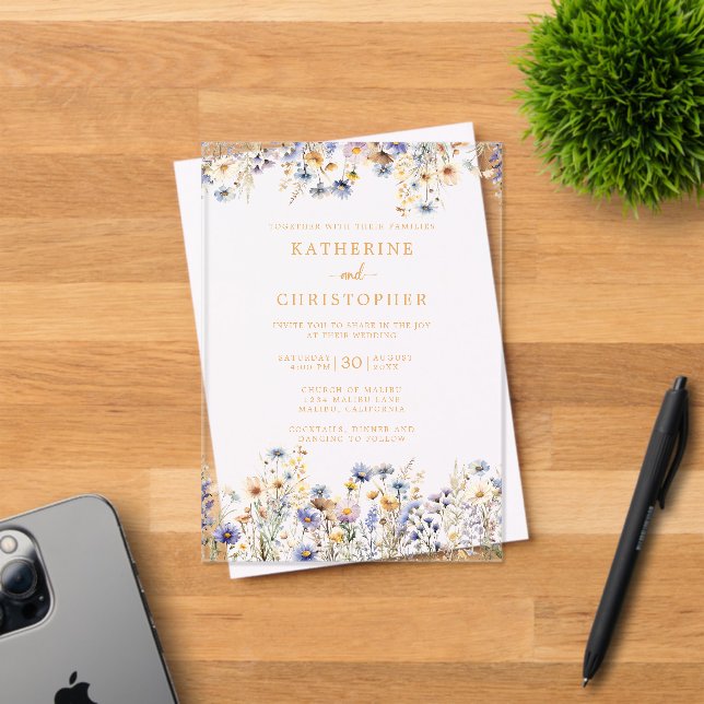 Invitaciones Acrílicas Elegante Boda de flores salvajes azul turquesa (Insitu (Tarjeta de Invitación))