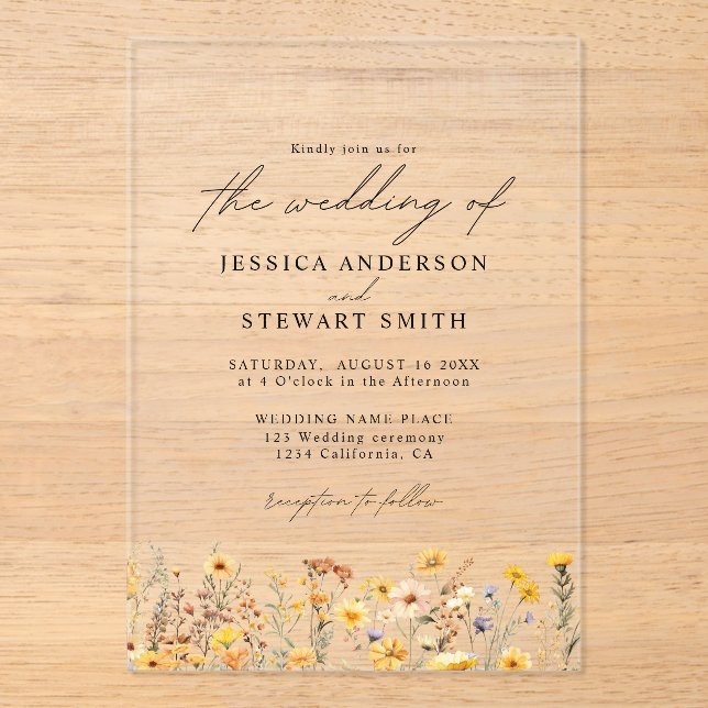 Invitaciones Acrílicas Elegante Boda de flores silvestres amarillas (Anverso)