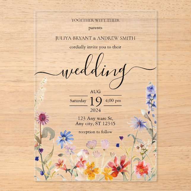 Invitaciones Acrílicas Elegante boda de flores silvestres coloridas (Anverso)