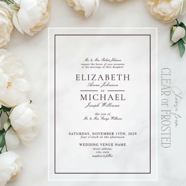 Invitaciones Acrílicas Elegante Boda de guión clásico púrpura (Subido por el creador)