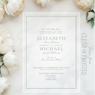 Invitaciones Acrílicas Elegante Boda de guión clásico verde sabio