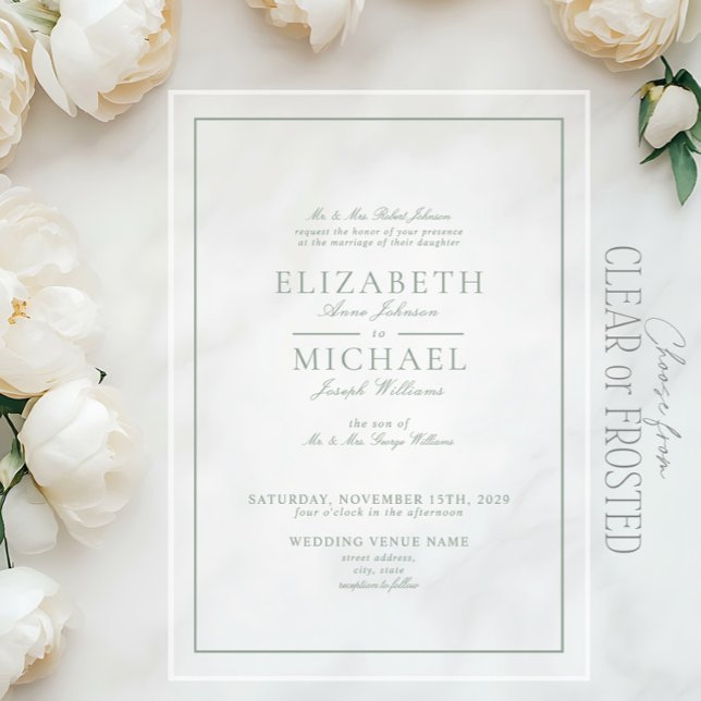 Invitaciones Acrílicas Elegante Boda de guión clásico verde sabio (Subido por el creador)