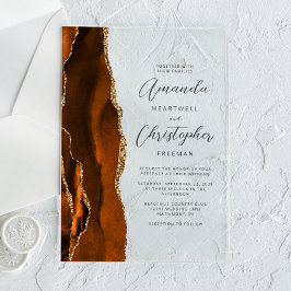 Invitaciones Acrílicas Elegante Boda de Guión de Ágata Dorada Naranja Que