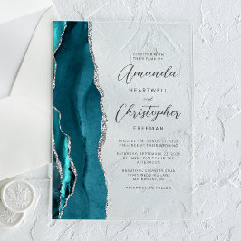 Invitaciones Acrílicas Elegante Boda de guión de ágata plateado Verde azu