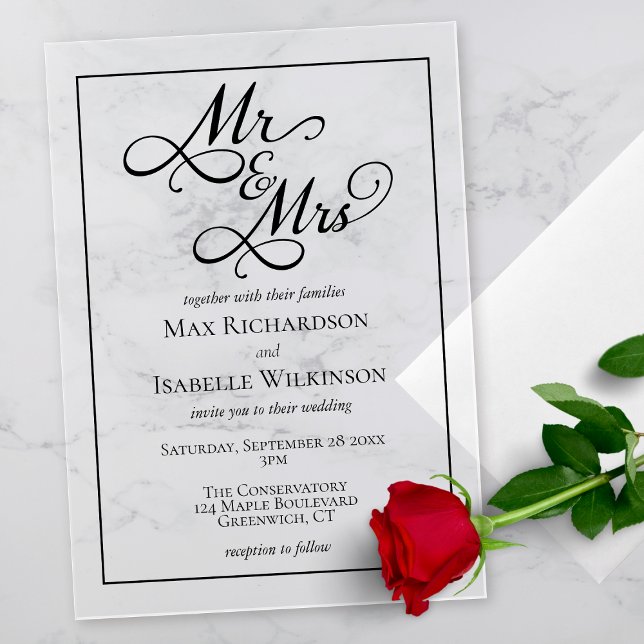Invitaciones Acrílicas Elegante Boda de guión de caligrafía (beautiful romantic elegant mr and mrs script calligraphy wedding invitation in clear acrylic)