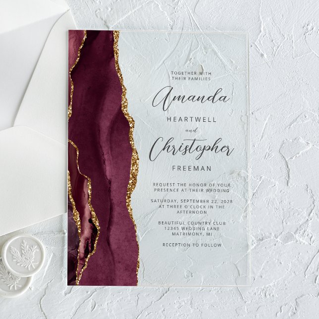 Invitaciones Acrílicas Elegante Boda de guión elegante de oro de Borgoña (Subido por el creador)