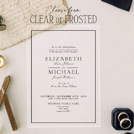 Invitaciones Acrílicas Elegante Boda de guiones clásicos en blanco y negr
