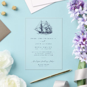 Invitaciones Acrílicas Elegante Boda de Ilustracion Náutico Mínimo