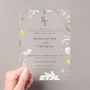 Invitaciones Acrílicas Elegante Boda de Iniciales Minimalistas florales