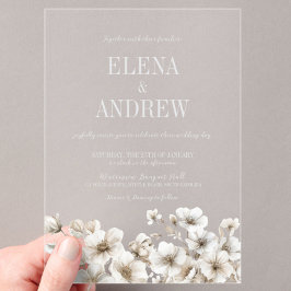 Invitaciones Acrílicas Elegante Boda de Invierno Floral Blanca