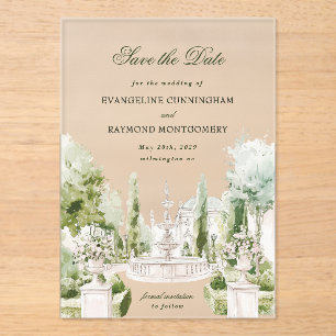 Invitaciones Acrílicas Elegante Boda de Jardín de Mansión con Acuarela
