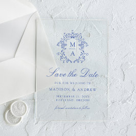 Invitaciones Acrílicas Elegante Boda de la Chinoiserie azul salva la fech