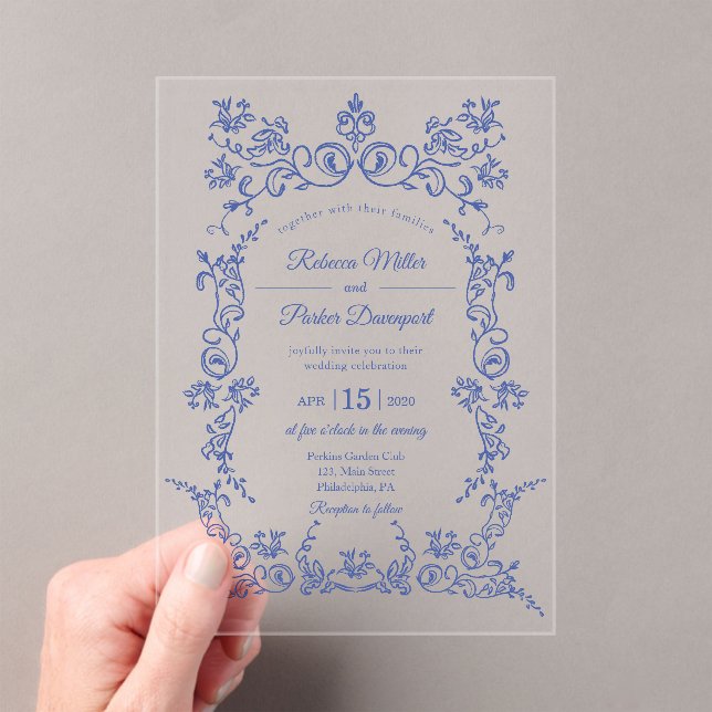 Invitaciones Acrílicas Elegante Boda de la chinoiserie azul y blanco (Insitu (portátil))