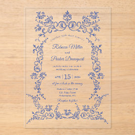 Invitaciones Acrílicas Elegante Boda de la chinoiserie azul y blanco