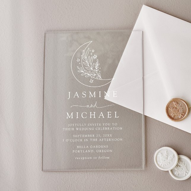 Invitaciones Acrílicas Elegante Boda de la Luna Botánica y las Estrellas (Subido por el creador)