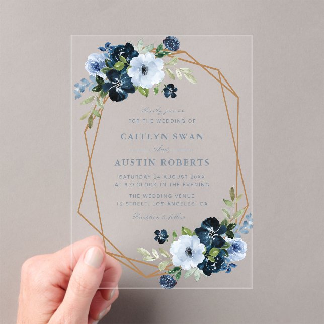 Invitaciones Acrílicas Elegante boda de la Marina y florido azul claro (Insitu (portátil))