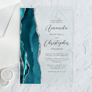 Invitaciones Acrílicas Elegante Boda de Letra de Ágata Plateada Verde