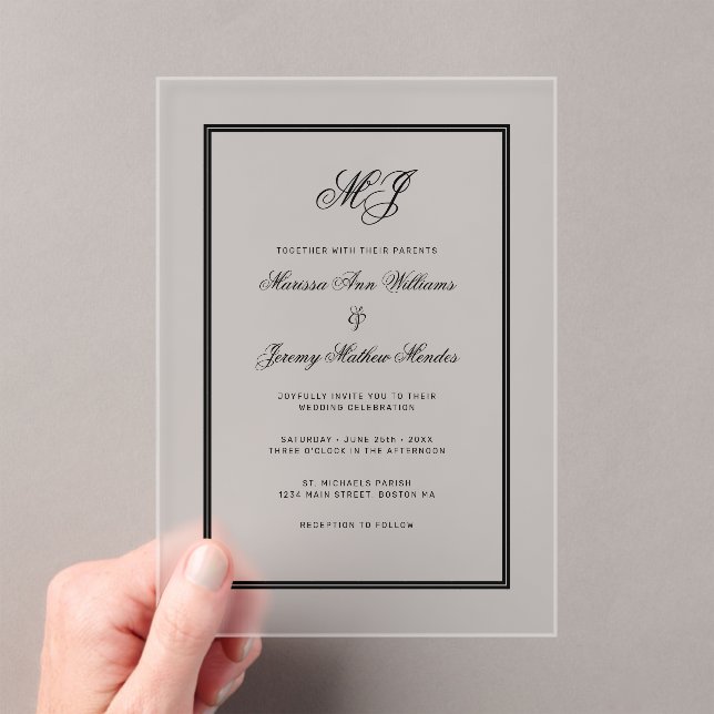 Invitaciones Acrílicas Elegante Boda de marco de caligrafía de monograma  (Insitu (portátil))