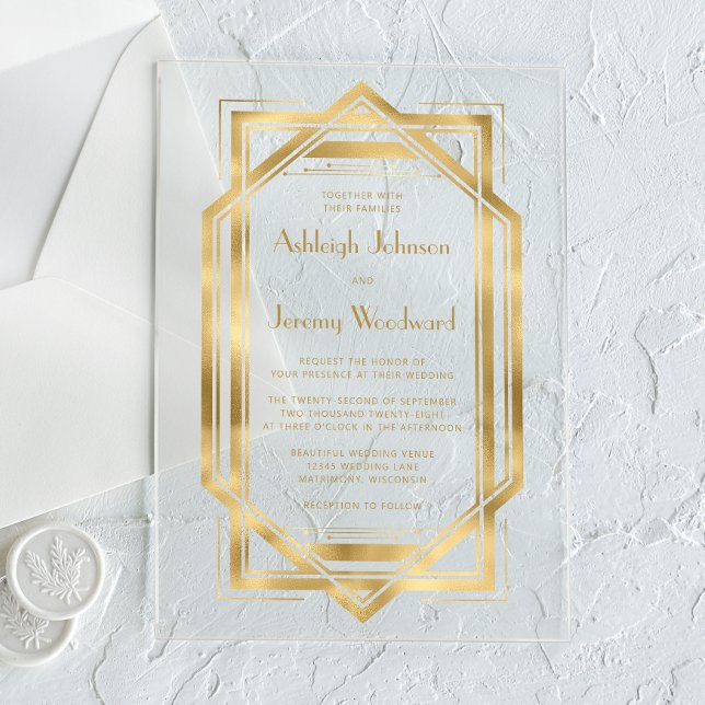 Invitaciones Acrílicas Elegante Boda de marco deco dorado blanco de los a (Subido por el creador)