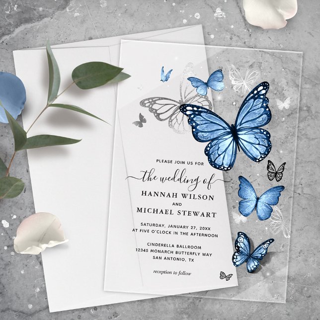 Invitaciones Acrílicas Elegante Boda de mariposa azul del bebé luz de pla (Elegant baby blue butterfly acrylic wedding invitations that will bring your fairy tale to life!)