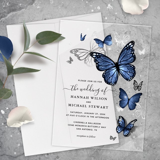 Invitaciones Acrílicas Elegante Boda de mariposa azul marino y plateado (Elegant dark navy blur butterfly acrylic wedding invitations that will bring your fairytale to life!)