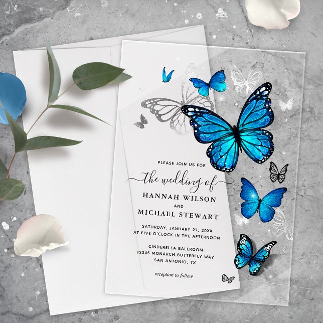 Invitaciones Acrílicas Elegante Boda de mariposa azul plateado (Elegant blue butterfly acrylic wedding invitations that will bring your fairy tale to life!)