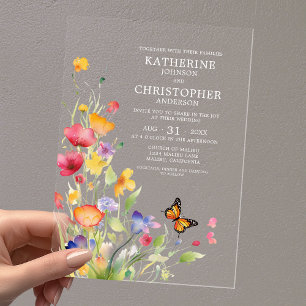 Invitaciones Acrílicas Elegante Boda de mariposa de flores silvestres col