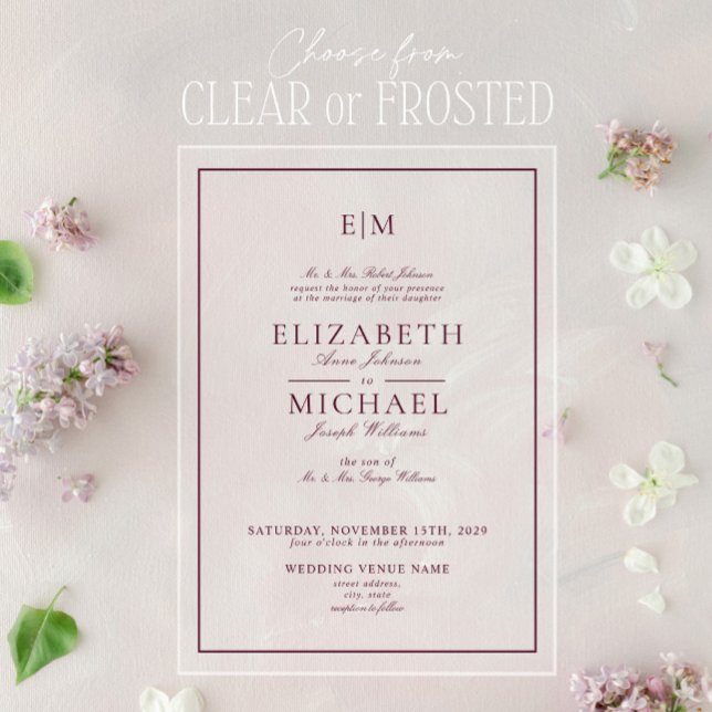 Invitaciones Acrílicas Elegante Boda de Monograma Burgundy Classic Script (Subido por el creador)