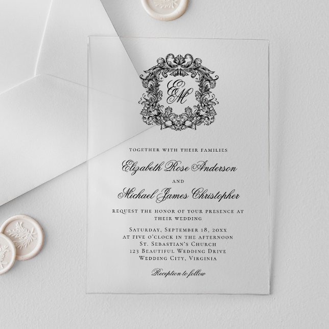 Invitaciones Acrílicas Elegante Boda de Monograma Negro Escudo (Subido por el creador)