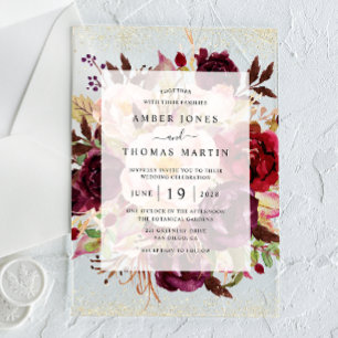 Invitaciones Acrílicas Elegante Boda de Oro Burgundy