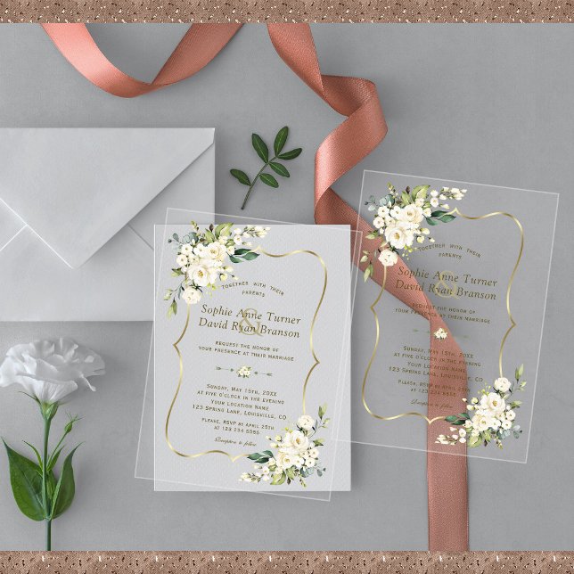 Invitaciones Acrílicas Elegante Boda de oro de flores blancas delgadas (Subido por el creador)